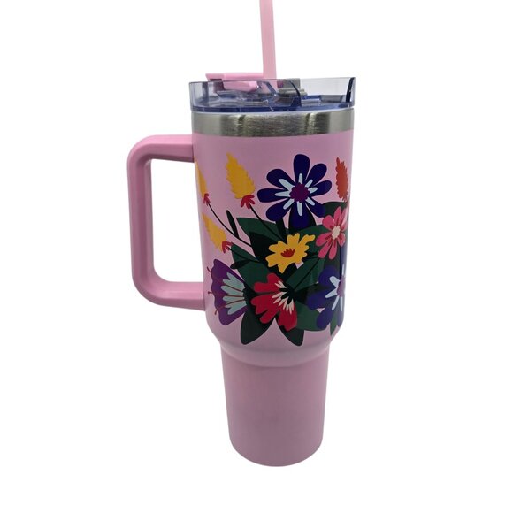 Modern Expressions Other - Modern Expressions Pink Floral Tumbler 45 oz. Steel w. Lid & Straw NEW